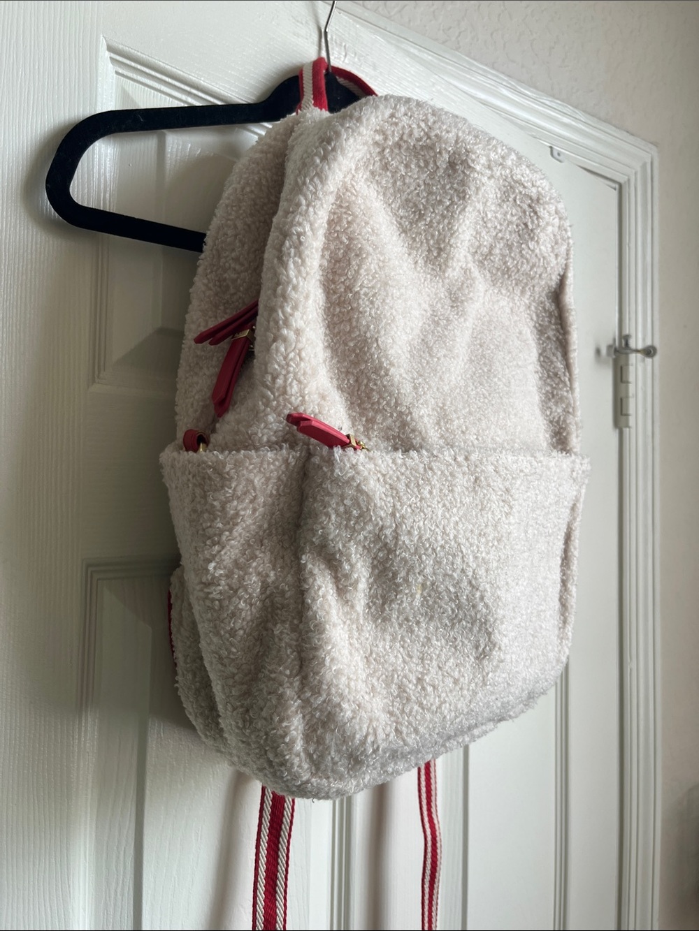 Boden Cozy Cream Sherpa Backpack with Red Leather Accents